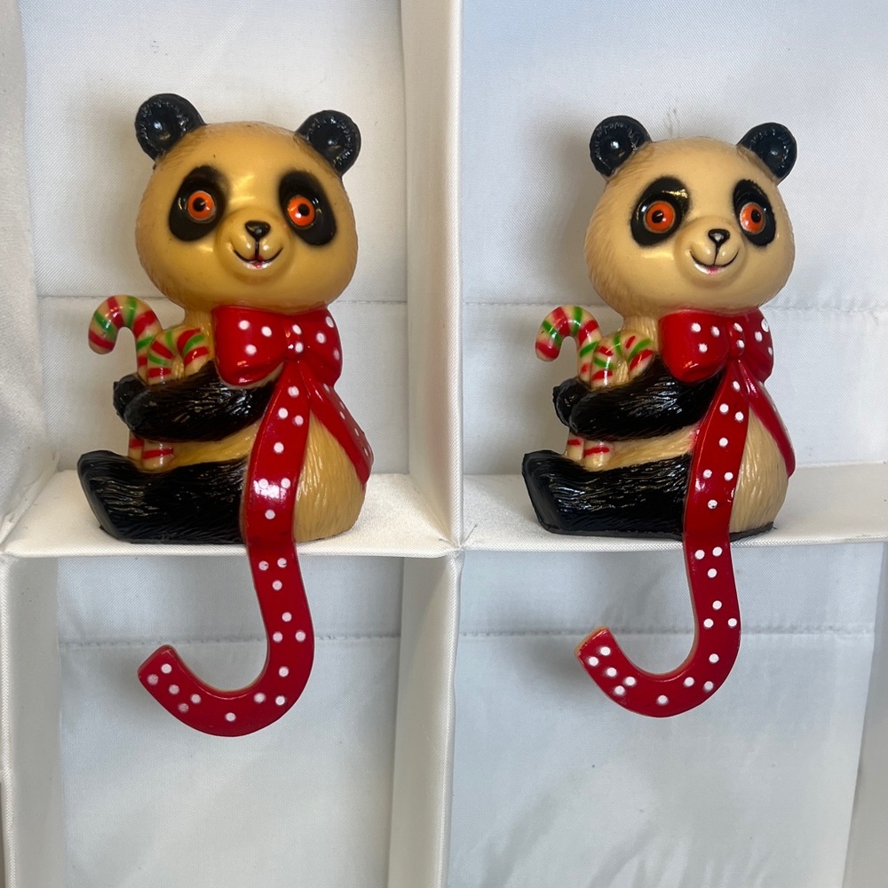 Vintage Hard Plastic, 6.5" Panda Bear Stocking Holders Christmas- Pair  FS